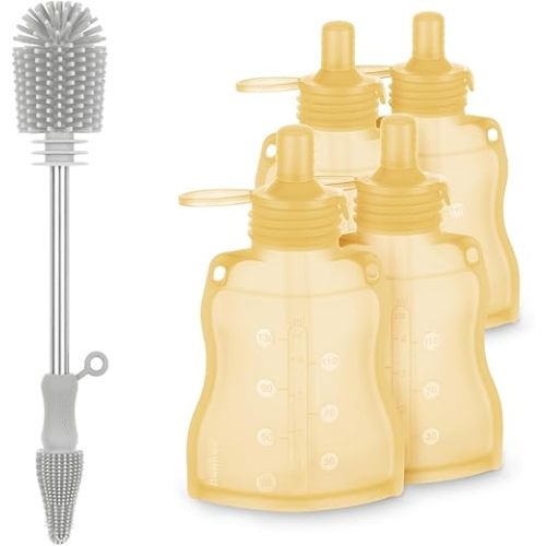 haakaa Baby Food Pouch Refillable Baby Squeeze Silicone Yummy Pouch&Cleaning Brush Set-Soft Reusable Squeeze Storage Food Pouch for Kids Toddler