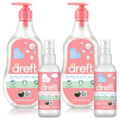 DREFT Bottle and Dish Soap Baby Gift Set - Bonus Travel Size Dreft All Purpose Cleaner & Stain Remover - Made to Clean Baby Essentials - Plant Based Ingredients, Fragrance Free Formula - 4 Piece Set