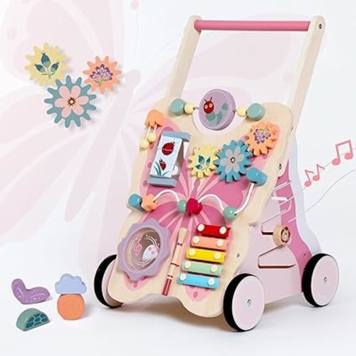 Wooden Baby Push Walker for Girls Toddler Kid 18-36months with Activity Center, Pink Butterfly Montessori Learning Push Walker with Wheels, Push Toy Develop Motor Skills Stimulates Creativity