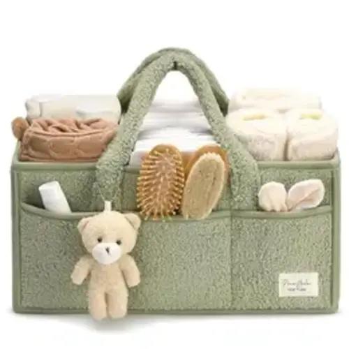 PERABELLA Baby Diaper Caddy Organizer with Teddy Bear Charm & Plush Sherpa Exterior - Versatile Storage Basket for Nursery & Changing Table - Ideal Gift for New Moms - TikTok Shop