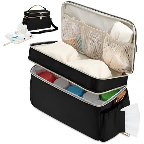 Breastmilk Cooler Bag with 6 Ice Pack, Wearable Breast Pump Bag Compatible with Willow, Elvie, Medela & Momcozy M5/S12 Pro Pumps & Accessories for Work, Travel and Family Use Black
