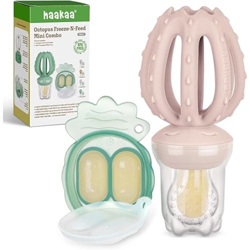 Haakaa Octopus Baby Fruit Food Feeder & Mini Freezer Nibble Tray Combo, Breastmilk Popsicle Molds for Cooling Relief, BPA Free Silicone Feeder for Safe Infant Self Feeding, 4 Month+（Blush）