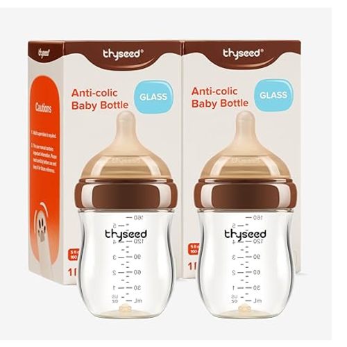 Thyseed Anti-Colic Glass Baby Bottle for Breastfed Infants, Paced Feeding, Breast-Like Newborn Medium Flow Nipple (2m+), 5 oz, 1 Pack