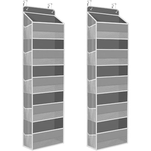 2 Pack Over The Door Organizer, Hanging Storage Organizer with Clear Window, 40lb Ultra Sturdy Large Capacity Room Organizer for Pantry Laundry Bathroom Nursery Closet (Grey)