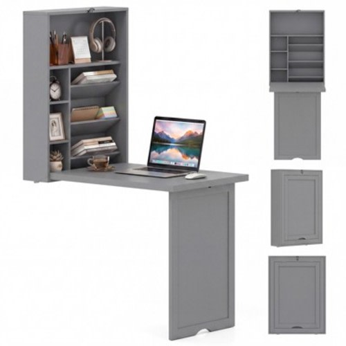 Costway Wall Mounted Computer Convertible Desk Floating Desk w/ Storage Bookcases Grey