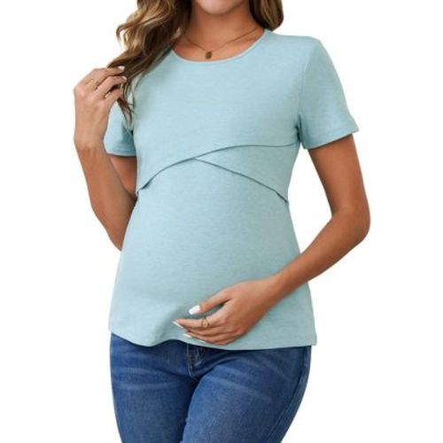 INSPIRE CHIC Women's Ribbed Knit Short Sleeve Nursing Shirts Crossover Maternity Breastfeeding Tops Medium Blue