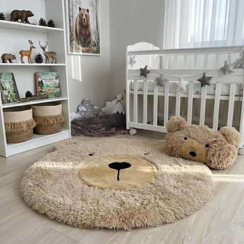 Personalized Bear Nursery Rug: Warm Taupe Minky Fabric, Adventure Theme
