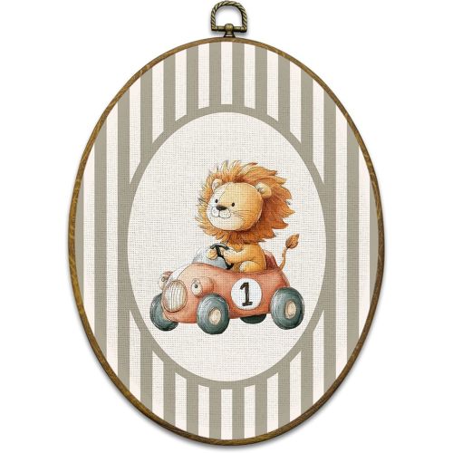 Vintage Lion Nursery Wall Art Decor, Kids Room Framed Canvas Prints 8.6x11.4, Neutral Striped Lion Animal Race Car Oval Wall Hanging Artwork Decorations for Kids Nursery Bedroom Playroom