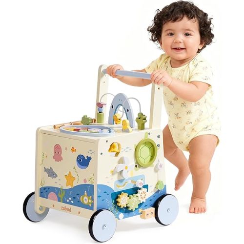 ROBOTIME Wooden Baby Walking Toy, Montessori Baby Walker Push Toy with Adjustable Height & Speed, Activity Center Baby Push Toy with Music, Fishing Game & Storage for Toddler 10M+ (Ocean World Theme)