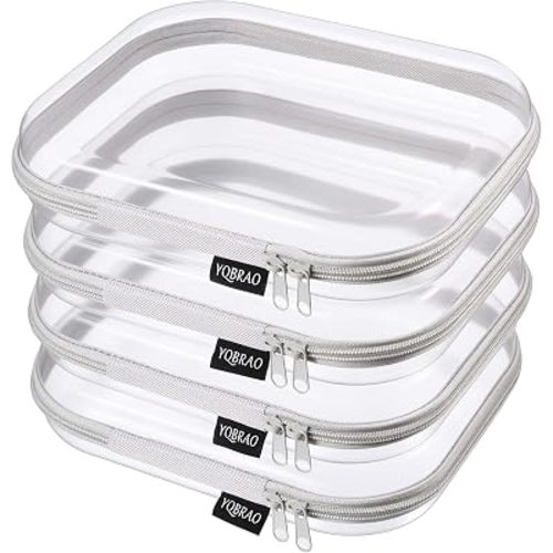YQBRAO Clear Hard Shell Zipper Cases, 4 Medium Makeup Organizers, Grey