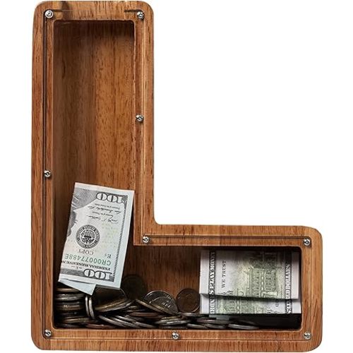 ladenk 12 Inch Extra Large Wooden Kids Letter Piggy Bank - Piggy Bank for Boys Girls - Initial L Bank - Alphabet Money Bank for Birthday