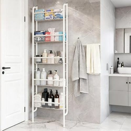 Saiveina Behind The Door Storage 5 Tiers Behind Door Shelf, Space-Saving Bathroom Door Shelf, Metal Shelf for Kitchen Bathroom Living Room, Off-White