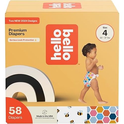 Hello Bello Premium Diapers Size 4 (22-37lbs), Busy Bees & Hive Five Designs, 58ct Club Box