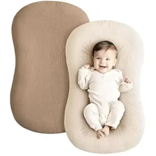 Konssy Muslin Baby Lounger Cover 2 Pack, 100% Cotton Newborn Lounger Cover, Soft and Breathable Baby Nest Slipcover for Boys Girls (Brown,Wheat)