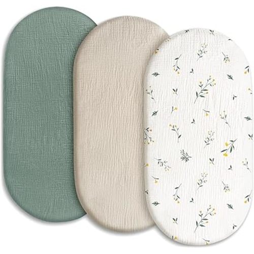 Cotton Muslin Bassinet Sheets - 3 Pack Fitted Elastic Mattress Cover for Baby Boys & Girls, Breathable Bedside Bassinet Sheets Neutral Colors for Baby(Fits Oval & Rectangle Shape) (Green)
