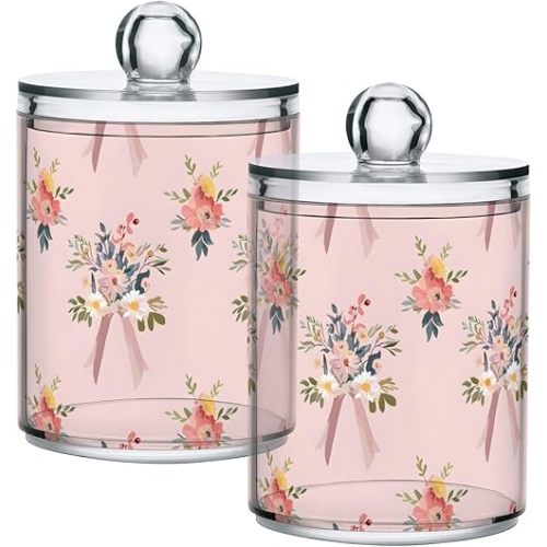 ALAZA Bow Flower Watercolor Stylish 2 Pack Qtip Holder Dispenser for Cotton Swabs, Balls, Pads, Floss 10 oz Plastic Canister Organizer