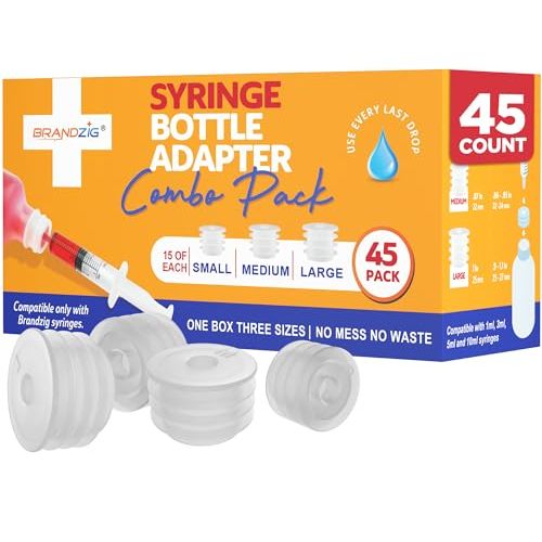 Medicine Bottle Syringe Adapter For Oral Dispensers 45 Pieces 3 Sizes (15 each size) | Press In Bottle Adapter for Liquid Medication | Only Fits Brandzig 1ml, 3ml, 5ml & 10ml Syringes