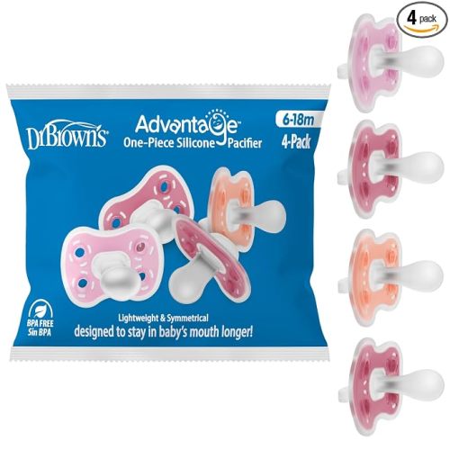 Dr. Brown's Advantage One-Piece Silicone Baby Pacifier, 6-18M, 4-Pack