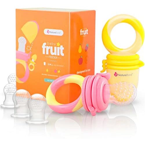 NatureBond Baby Food Feeder/Fruit Feeder Pacifier (2 Pack) - Infant Teething Toy Teether | Includes Additional Silicone Sacs - Peach Pink and Lemonade Yellow
