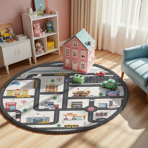 3.3ft Round Kids City Road Car Play Rug - Non-Slip Faux Wool Carpet with Interactive City Map Design, Educational Toy Vehicle Mat for Kids, Bedroom Playroom Nursery Gift.