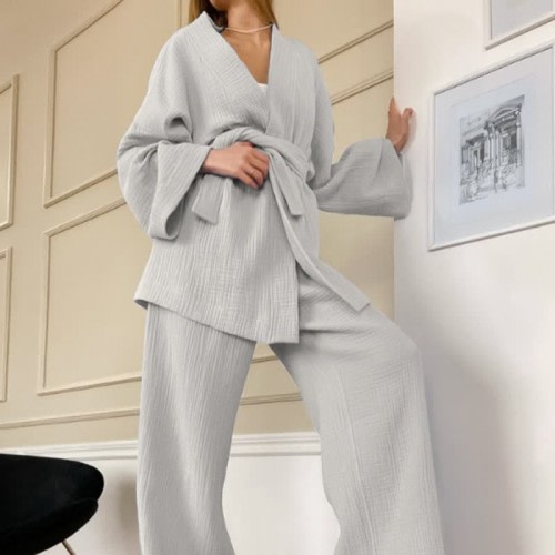 Ownkoti Solid Color Cotton Gauze Kimono Pajamas