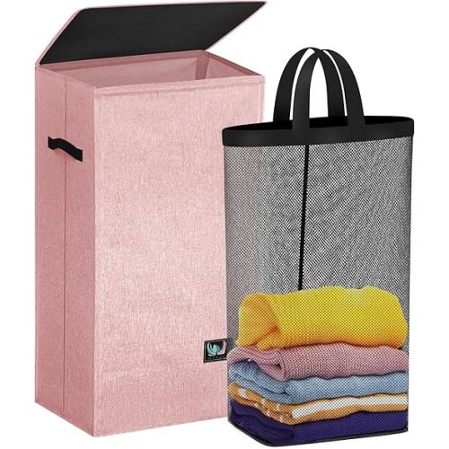 WTREE Laundry Hamper with Lid, Reinforced Sturdy Clothes Hamper with Anti-Puncture Base, Large Collapsible Laundry Basket with Removable Liner Bag, Tall Dirty Clothes Bin for Family, 100L Pink