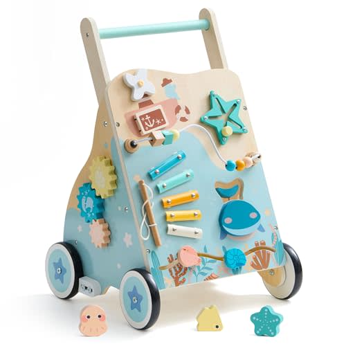 ROBOTIME Wooden Baby Push Walker, Ocean-Themed Sit-to-Stand Activity Center with Wheels, Adjustable Speed Montessori Push Toy, Morandi Style Toddler Gift for Boys & Girls