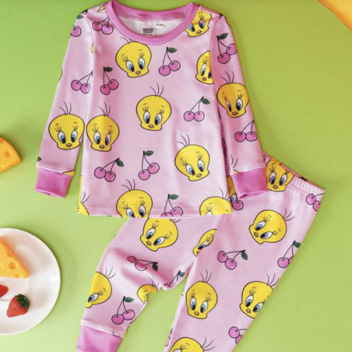 LOONEY TUNES X SHEIN 2pcs Baby Girl Cartoon Birdie & Cherry Print Pink Adorable Sweet Style Long Sleeve T-Shirt & Leggings Pajama Set