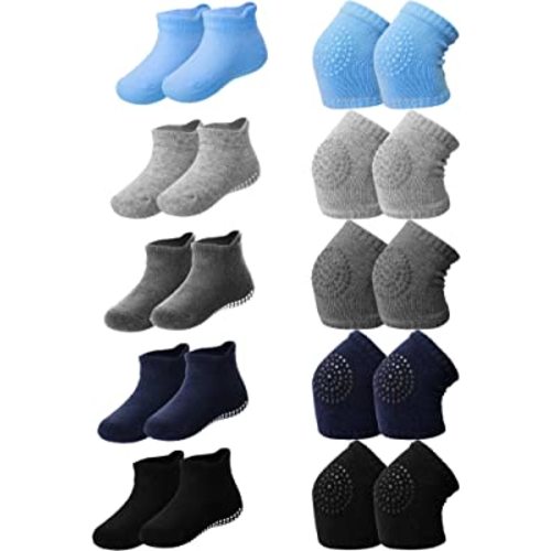 10 Pairs Baby Crawling Anti Slip Knee Pads and Anti Slip Baby Socks Set Unisex Toddler Knee Protectors Non Slip Ankle Socks