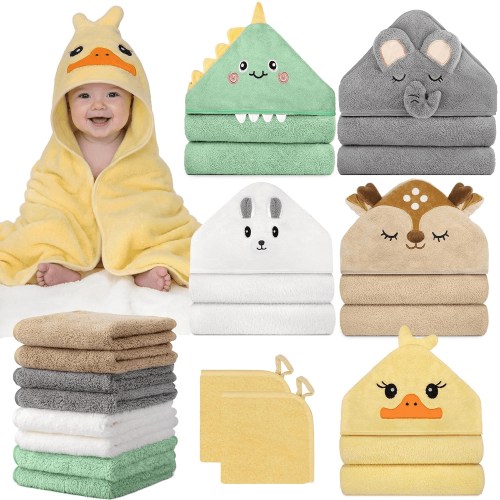 15 Pcs Baby Bath Towels Set for Infants Toddlers, 5P Animal Hooded Baby Towels & 10P Washcloths Set, Ultra Absorbent Cute Soft Newborn Bath Essentials Gifts for Boys & Girls