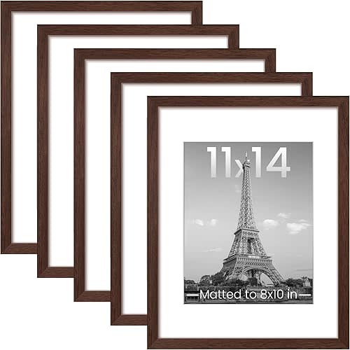 upsimples 11x14 Picture Frame Set of 5, Display Pictures 8x10 with Mat or 11x14 Without Mat, Wall Gallery Photo Frames, Brown
