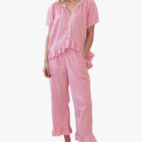 PEHMEA Womens Plaid 2 Piece Cotton Gingham Pajama Sets Short Sleeve Babydoll Shirt Ruffle Pants Y2K Lounge PJS Cute Sleepwear