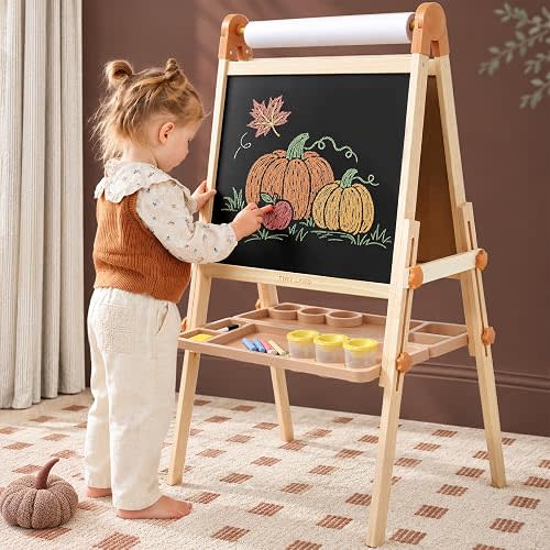 Tiny Land Foldable Wooden Art Easel for Kids, with Chalkboard & Whiteboard