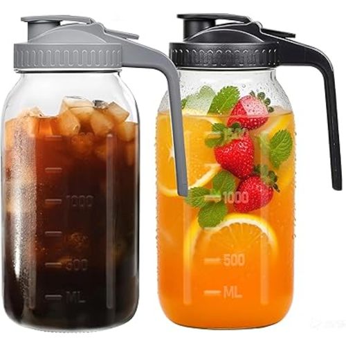 64oz Airtight Glass Pitcher with Lid,2 Quart Wide Mouth Mason Jar Pitchers for Fridge,Leak-proof Iced Tea Dispenser,Large Container for Sun Tea,Juice,Cold Brew Coffee, Storage and Drinks (Black+Gray)