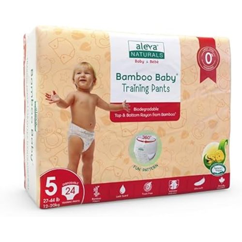 Aleva Naturals Hypoallergenic Bamboo Baby Training Pants, Ultra Soft, Sensitive Skin Friendly, Biodegradable, Disposable - Size 5 (27-44 lbs / 12-20 kg), 24 Count
