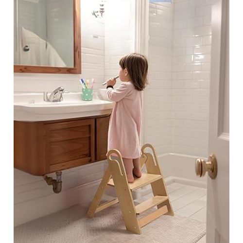 Wooden Step Stool for Toilet, 2-Step Toddler Stool with Handles, Foldable Kids Step Stool for Potty Training, Sturdy Child Stepping Stool for Bathroom Sink, Kitchen Counter and Bedroom, Natural