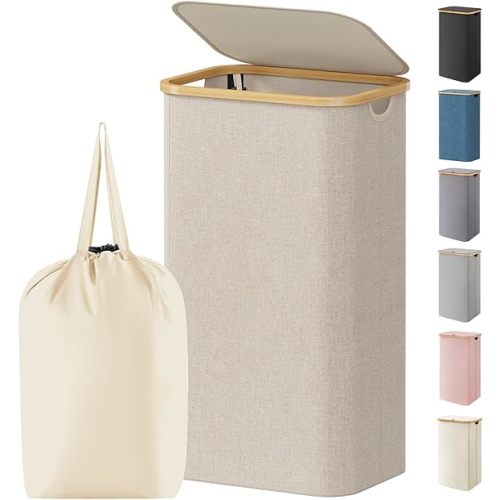 Lifewit 110L Laundry Basket with Lid, Clothes Hampers for Laundry with Bamboo Handles and 1 Removable Bag, Large Foldable Laundry Hamper for Bedroom, Bathroom, Dorm, Laundry Room, Beige