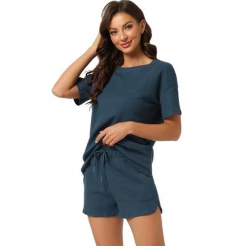 cheibear Womens Waffle Knit Pajamas Mother's Day Gift Ideas 2026 Casual Pullover Short Sleeve Tops with Shorts Lounge Sets Medium Blue