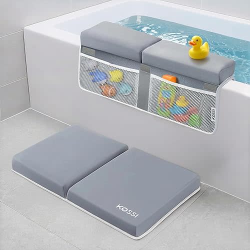 Bath Kneeler and Elbow Rest Pad Set - 1.5" Thick Comfortable and Painless Foam Mat - Baby Bath Kneeling Pad with Toy Organizer Pockets - Quick Drying, Foldable, Non-Slip for Baby and Toddler Bathing