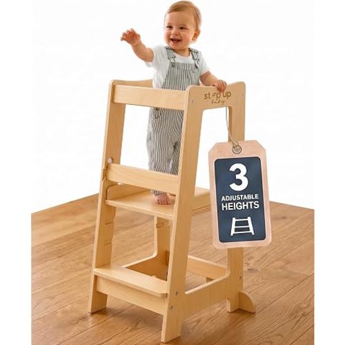 Toddler Tower 3-Level Adjustable Wooden Toddler Step Stool Natural