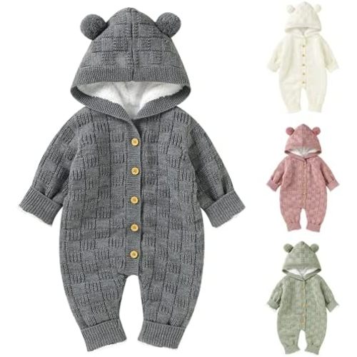 Opewod Infant Knitted Sweater Romper Longsleeve Outfit Fleece Jumpsuit for Baby Boy Girl Clothes