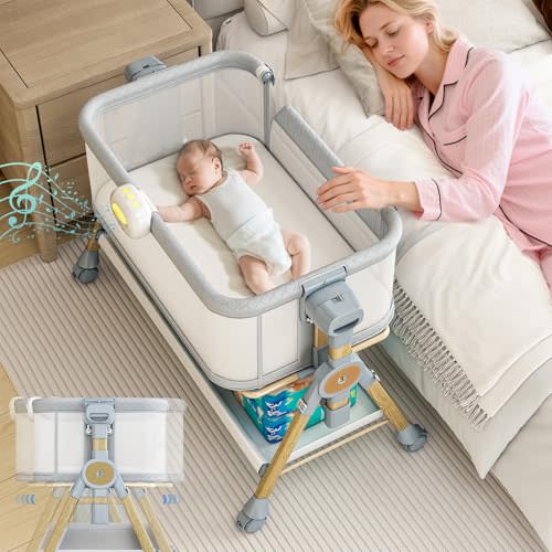 3 in 1 Baby Bassinet Bedside Sleeper, Rocking Bassinet for Baby with Wheels, Music Night Light, Storage Basket, Mattress, Adjustable Height, Portable Rocking Bedside Sleeper for Newborn Infant