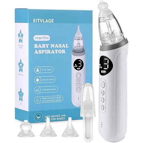 Nasal Aspirator for Baby, Electric Nose Aspirator for Toddler, Baby Nose Sucker, Automatic Nose Cleaner with 3 Silicone Tips, Adjustable Suctions, Music and Light Soothing Function