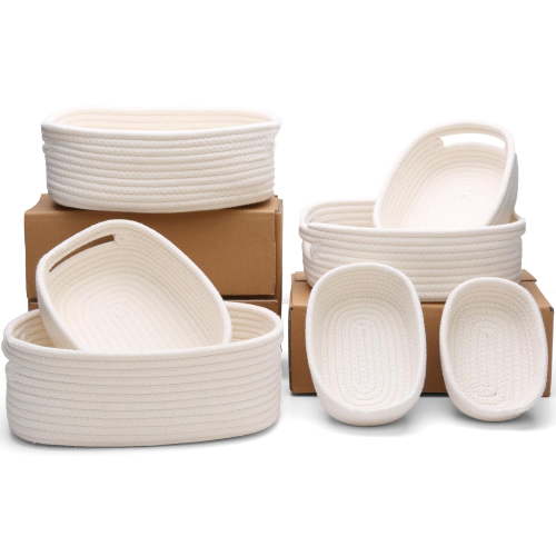7 Piece Cotton Rope Woven Basket Set - Small Basket for Baby Nursery, Pets, Montessori, Dog & Cat Toy Boxes, Bathroom Organization Bins (White)
