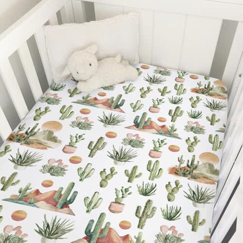 Boho Western Cactus Desert Baby Crib Sheets for Boy Girl Watercolor Southwest Mountain Sunset Soft Snug Fitted Crib Mattress Covers for 52''x28'' Standard Crib & Toddler Mattress Wild West Baby Sheets