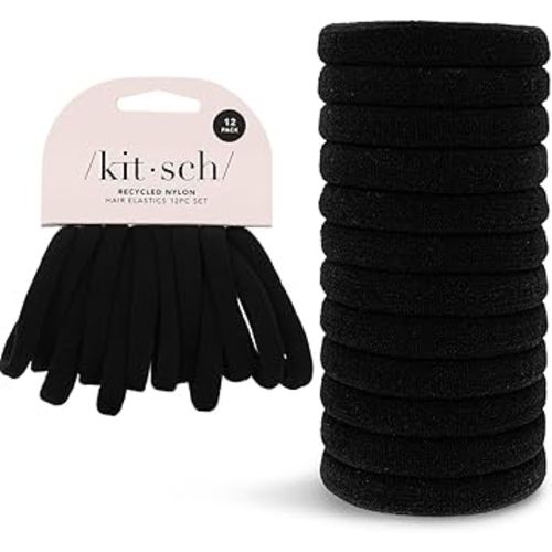 Kitsch Nylon Hair Ties No Damage - Stretchable Elastics for Strong All-Day Hold, Ponytail Holders | Hair Accessories for Women & Girls | Ideal Gifts for Women - Black, 12 Pcs
