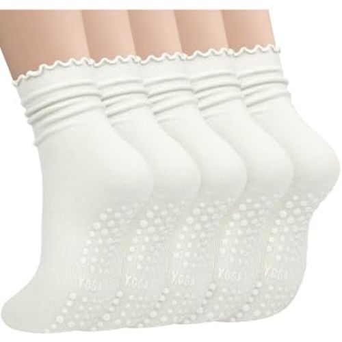 5 Pairs Pilates Socks with Grips for Women, Non Slip Cotton Ruffle Yoga Socks for Barre Workout Hospital