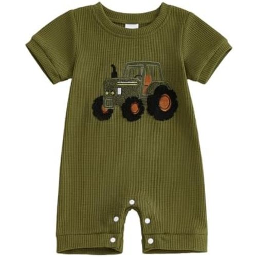 FYBITBO Infant Baby Boy Clothing Waffle Knit Short Sleeve Rompers Tractor Embroidery Jumpsuit Newborn Outfit Summer Clothes