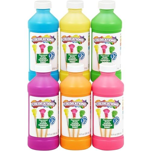 Colorations Paraben-Free Fluorescent Simply Washable Tempera Paint- Set of 6, 8 oz. Each Bottle, Non-Toxic, Classroom Essentials, Arts and Crafts Supplies for Kids and Adults