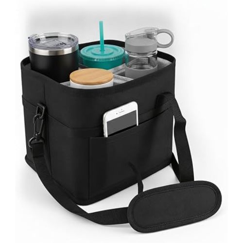 Waterroof Drink Carrier Bag, Family Size 4 Compartment Drink Bag, Adjustable Insulated Drink Carrier Tote Bag with Handle & Strap, for Travel Sports Family Outings(Blank)